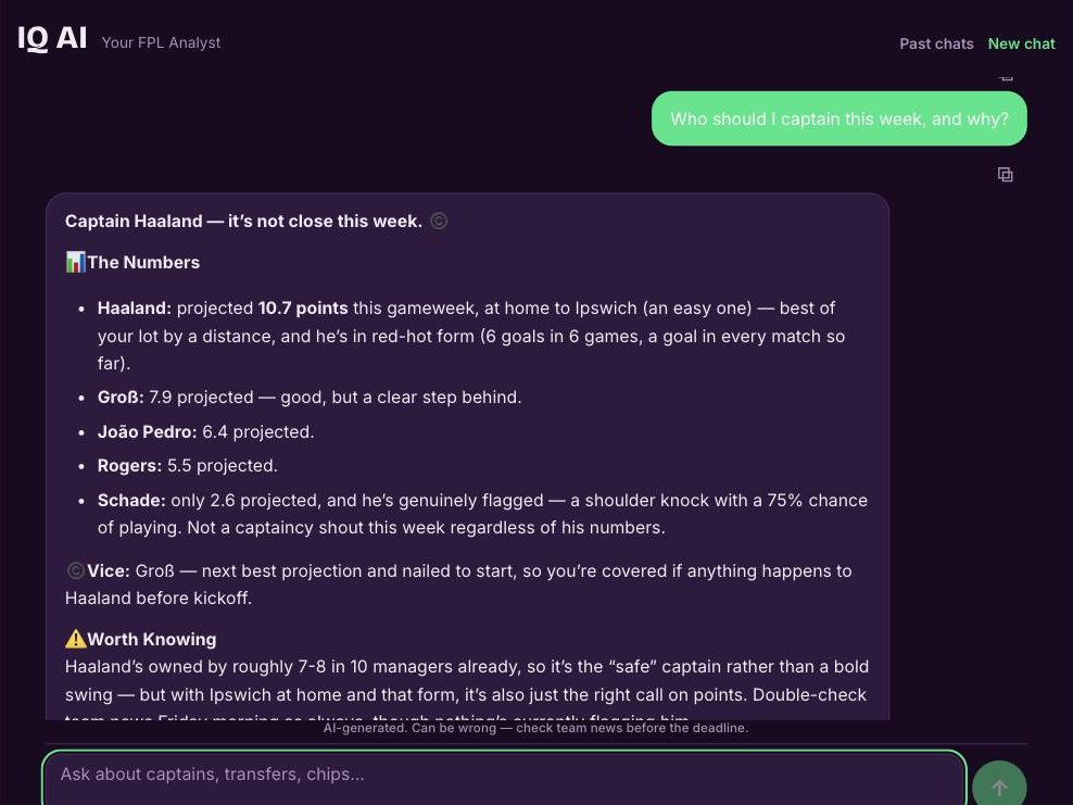 IQ AI answering a captaincy question inside Fantasy Football IQ